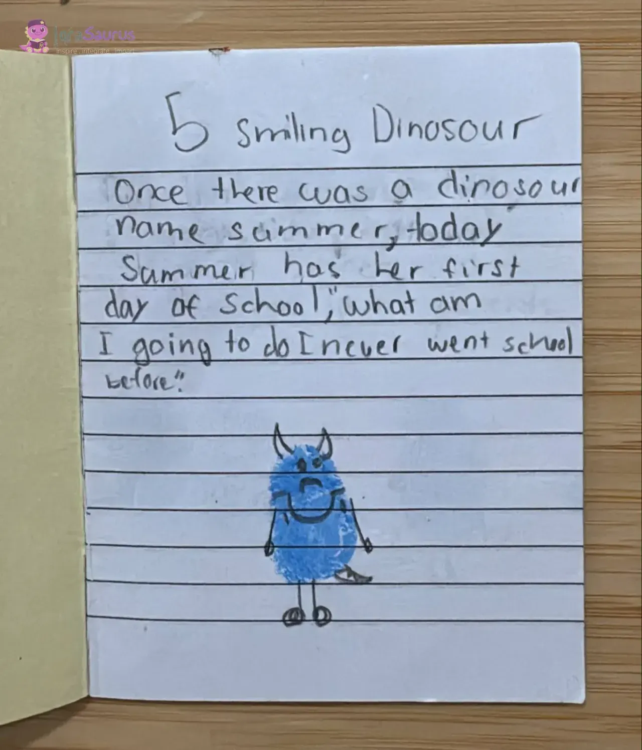 A worried blue fingerprint dinosaur with horns and a tail.