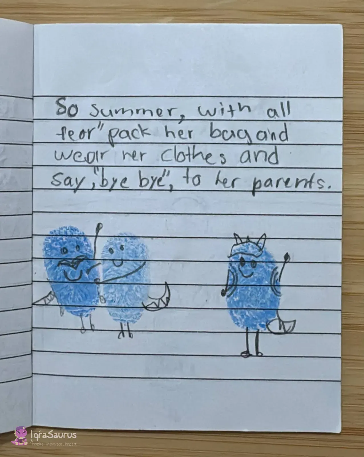 Two fingerprint dinosaur parents waving goodbye to their little dinosaur with a school bag.