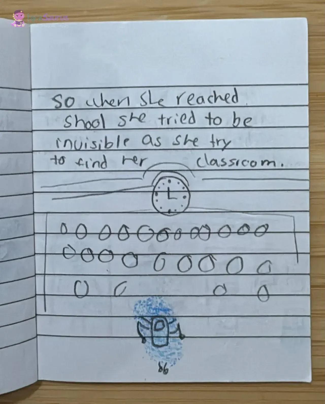 A little fingerprint dinosaur below a clock and rows of seats in a school hall.