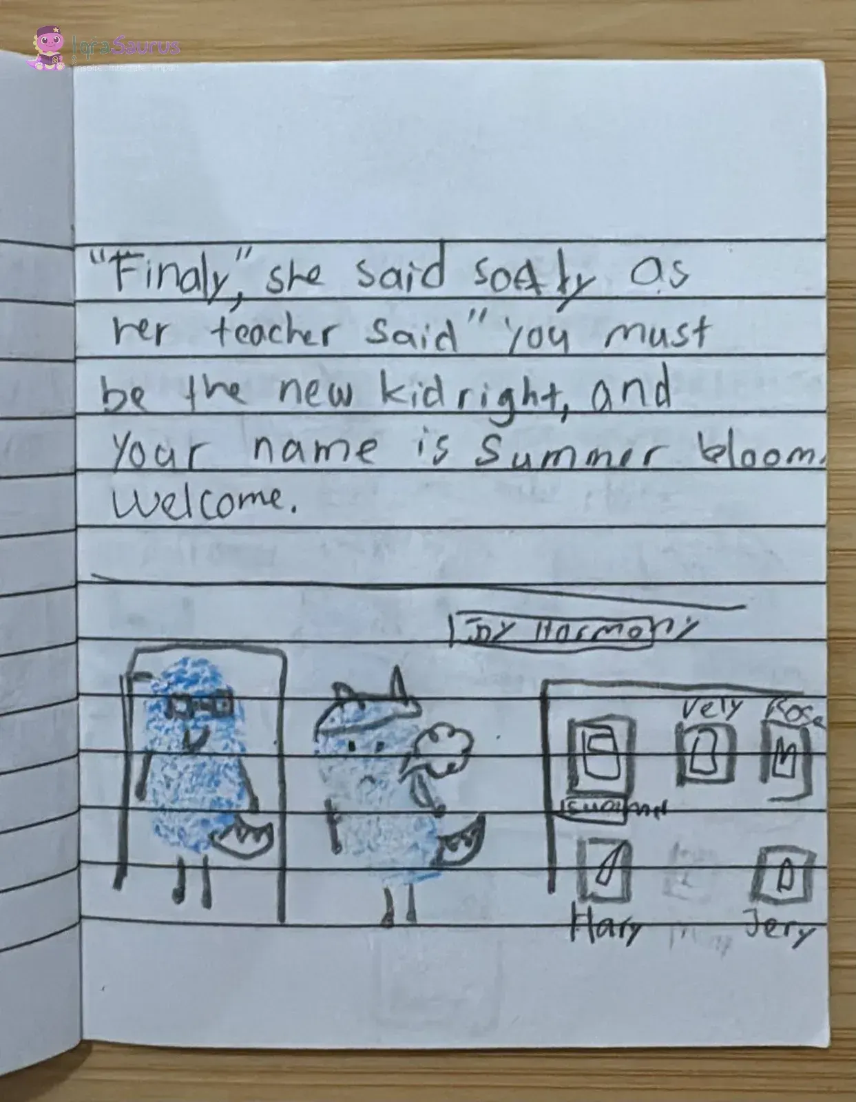 A teacher with glasses at the classroom door welcoming the little dinosaur, with labelled desks inside.