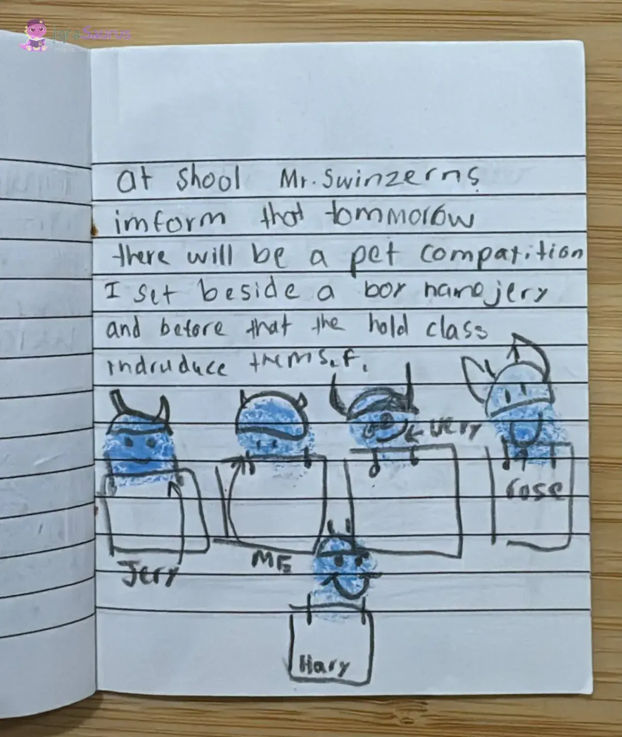 Five fingerprint dinosaur classmates sitting at labelled desks.