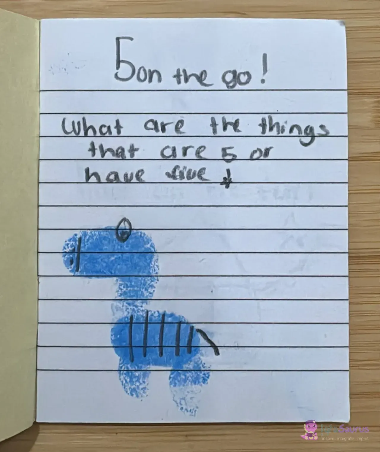 A blue fingerprint dinosaur with five tally marks on its body.