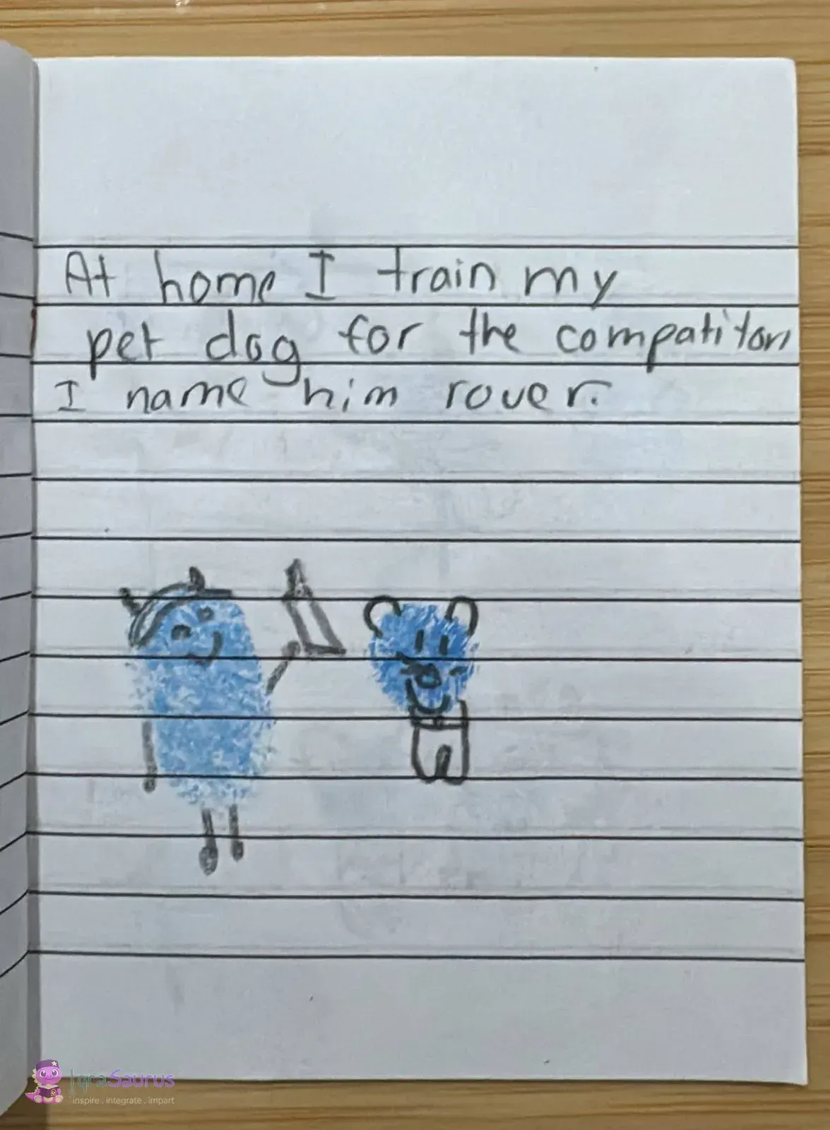 A fingerprint dinosaur holding up a treat for a small fingerprint dog.