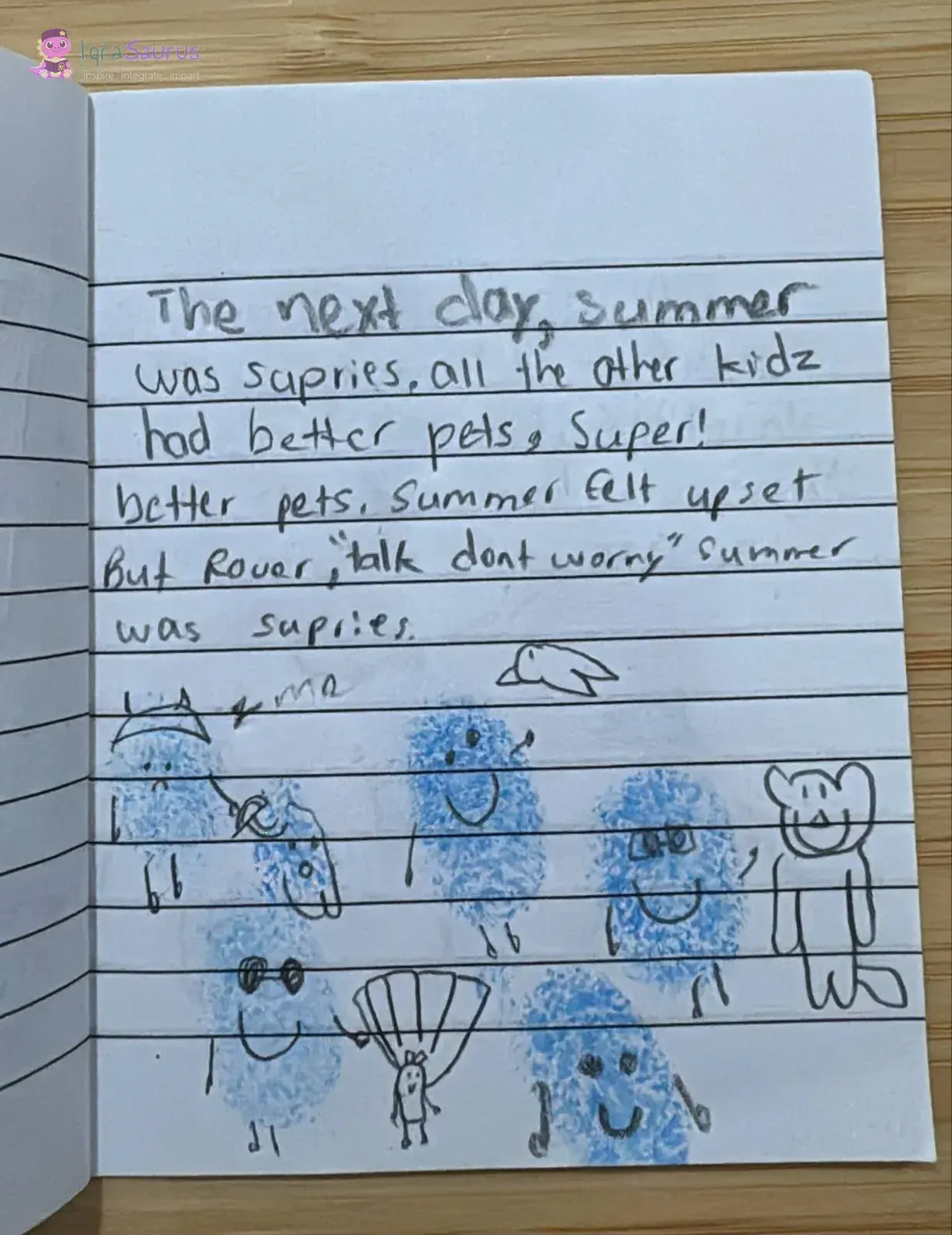 A sad fingerprint dinosaur among classmates who have a bird, a peacock and other pets, with her dog beside her.