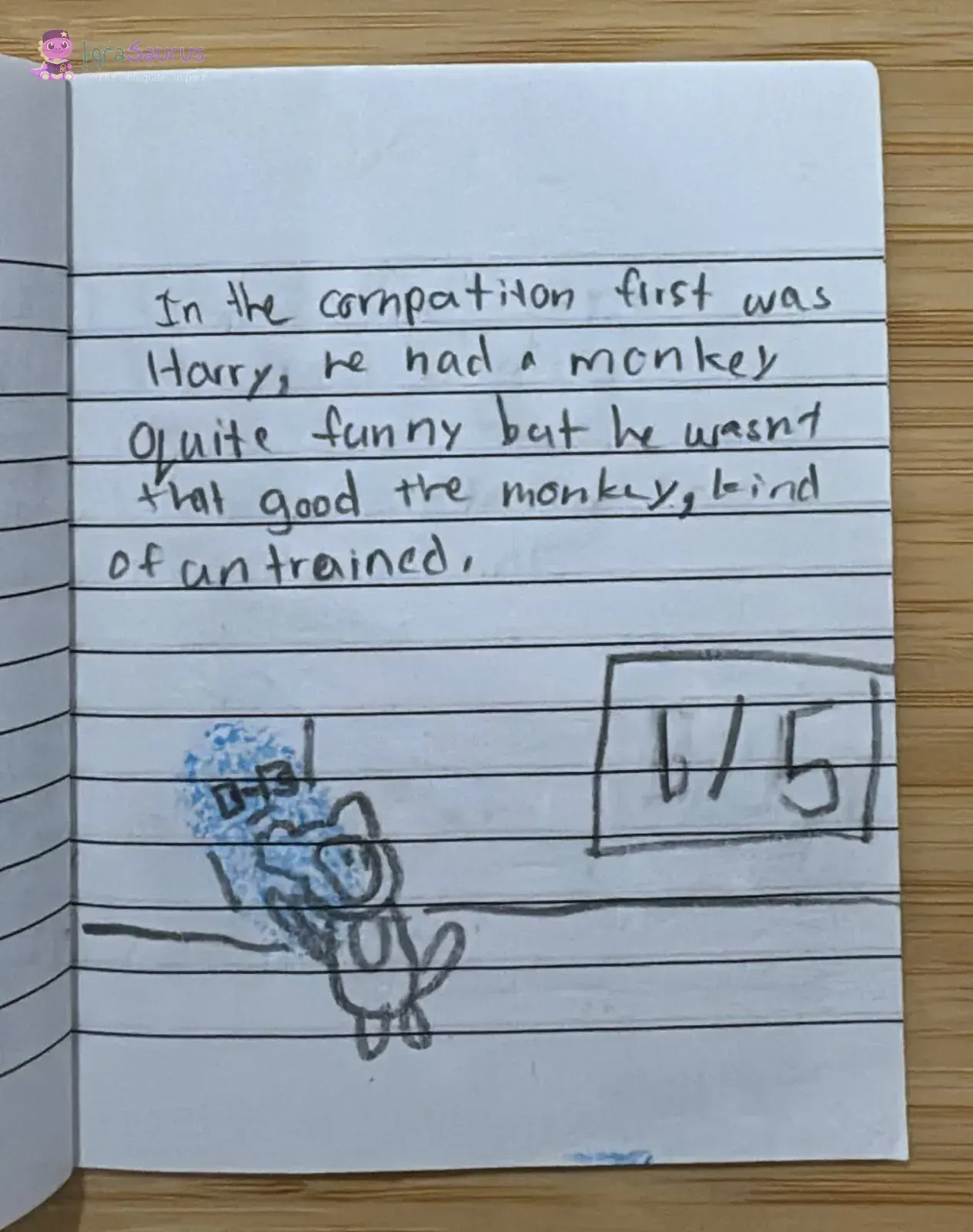 A fingerprint dinosaur with a monkey on a stage and a score card showing 1 out of 5.