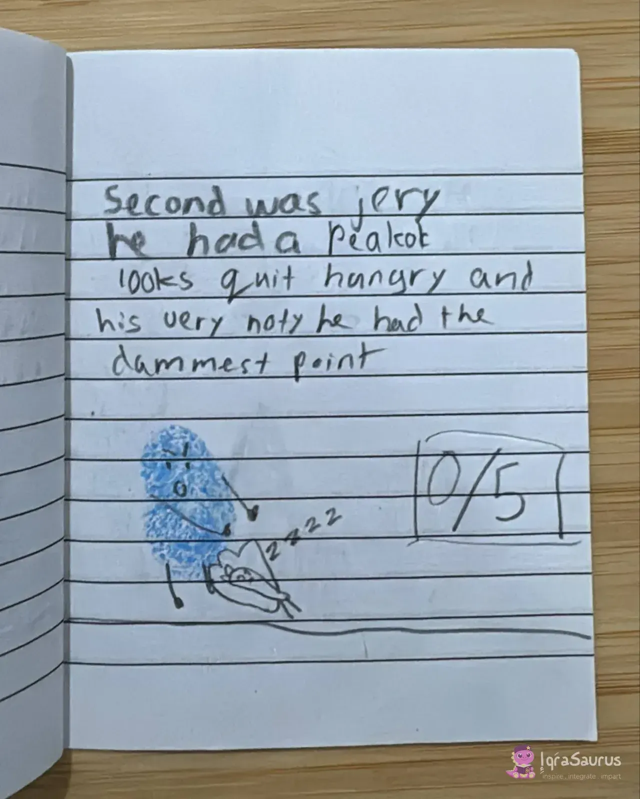 A fingerprint dinosaur with a sleeping bird and a score card showing 0 out of 5.