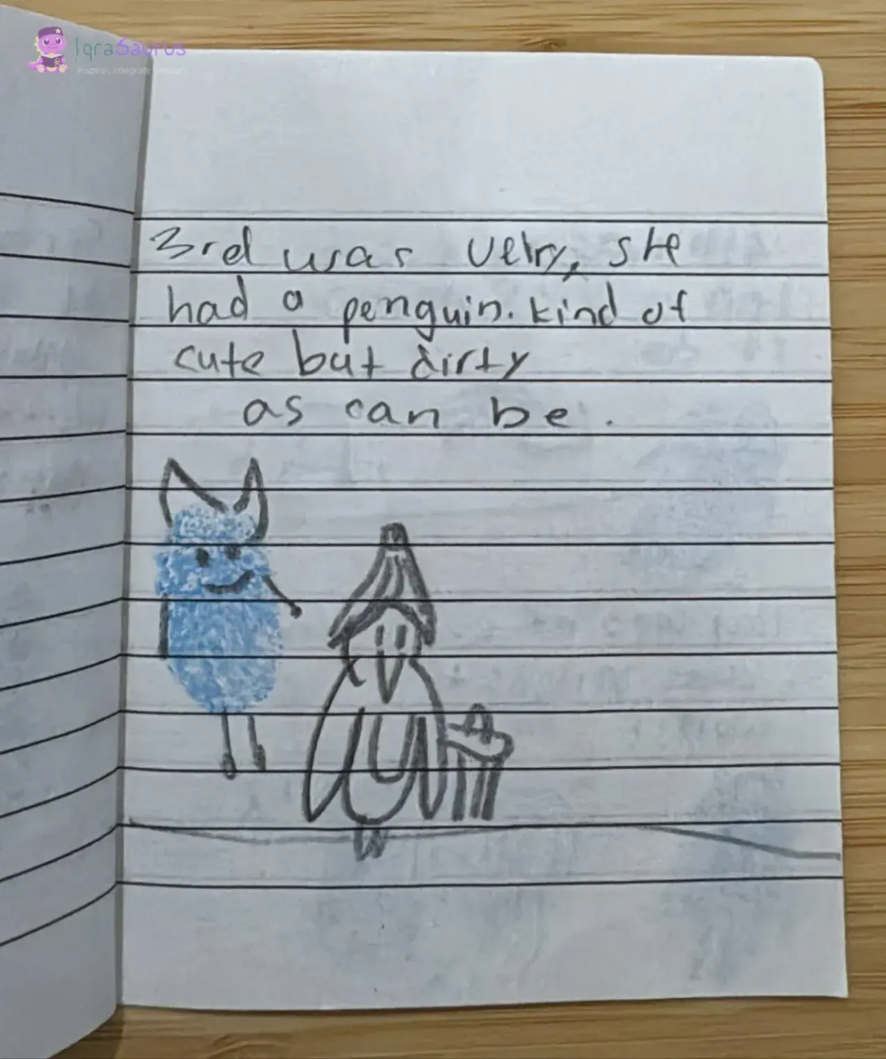 A fingerprint dinosaur standing next to a penguin.