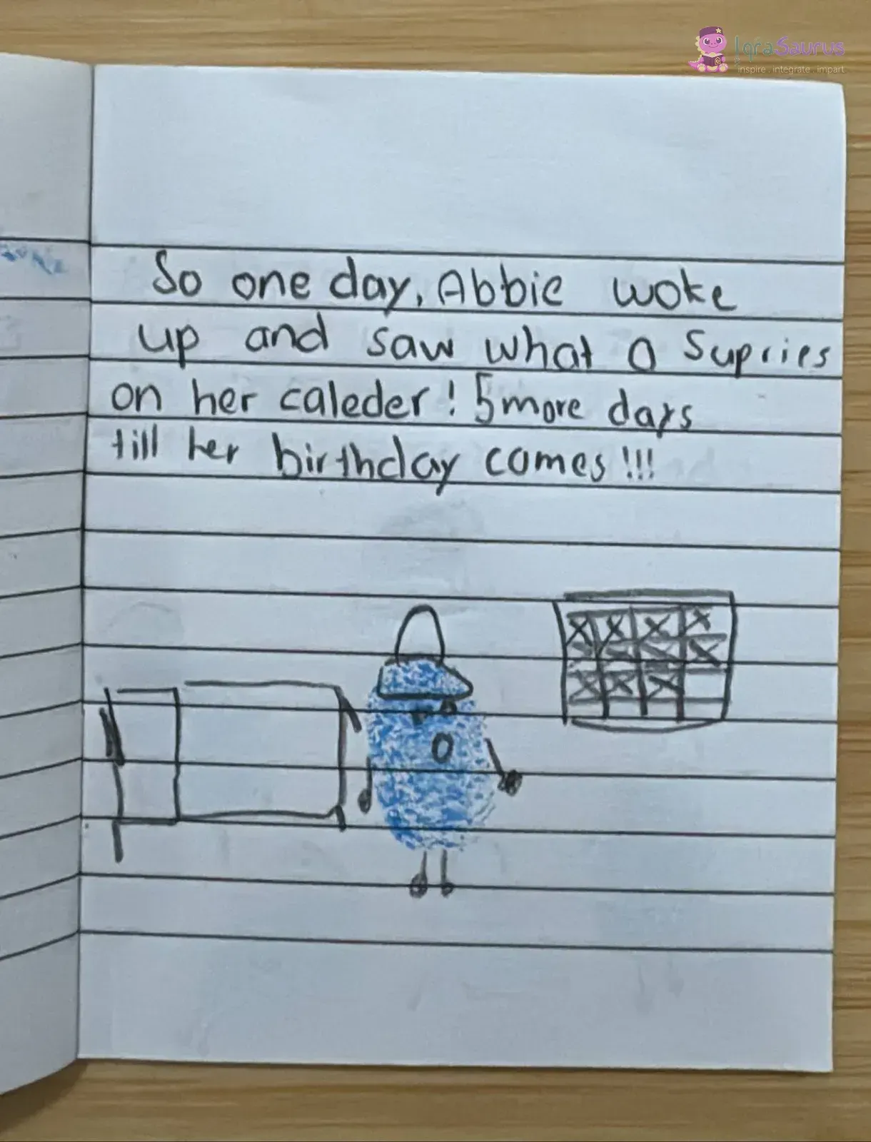 The thumbprint character next to her bed looking at a calendar with days crossed off.