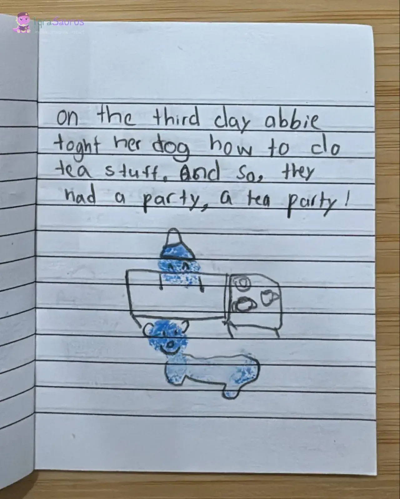 The thumbprint character at a table with teacups and her fingerprint dog.