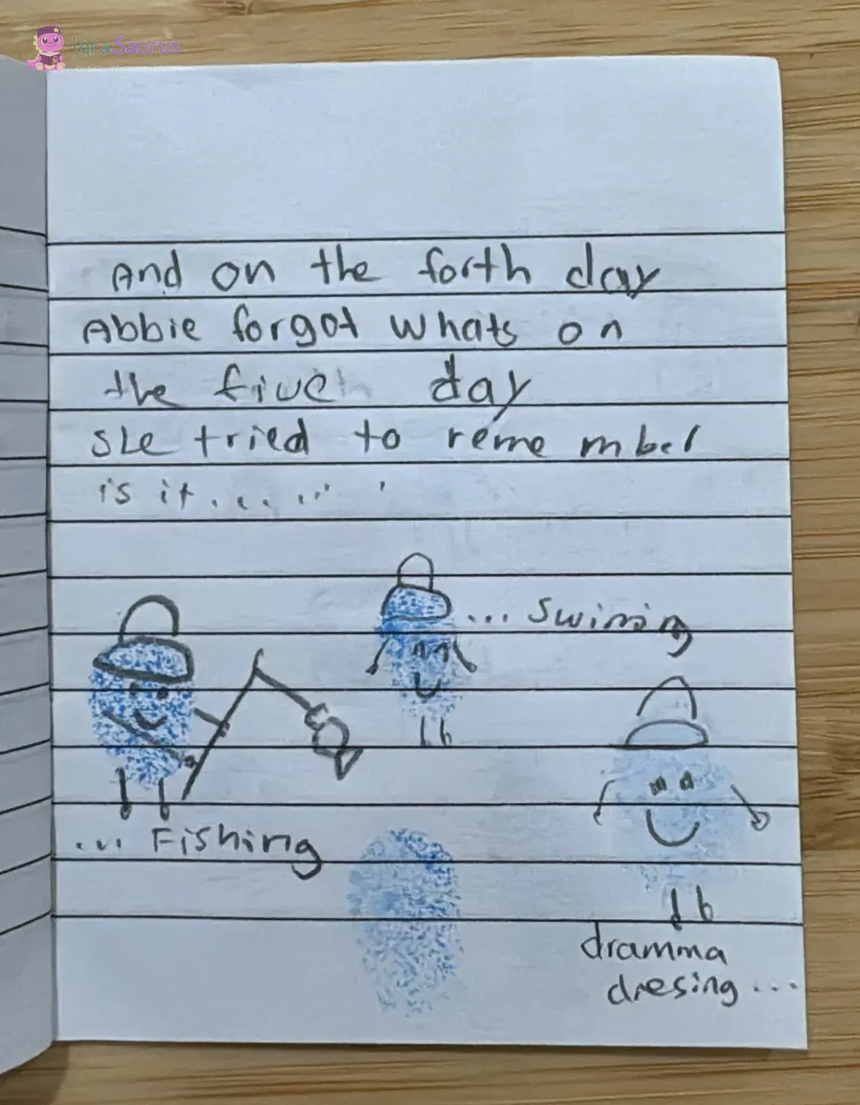 Thumbprint characters fishing, swimming and dressing up for drama.