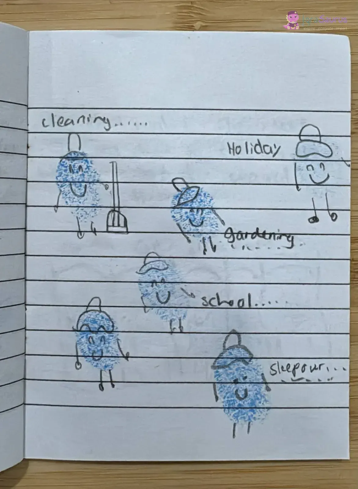 Thumbprint characters sweeping, on holiday, gardening, going to school and at a sleepover.