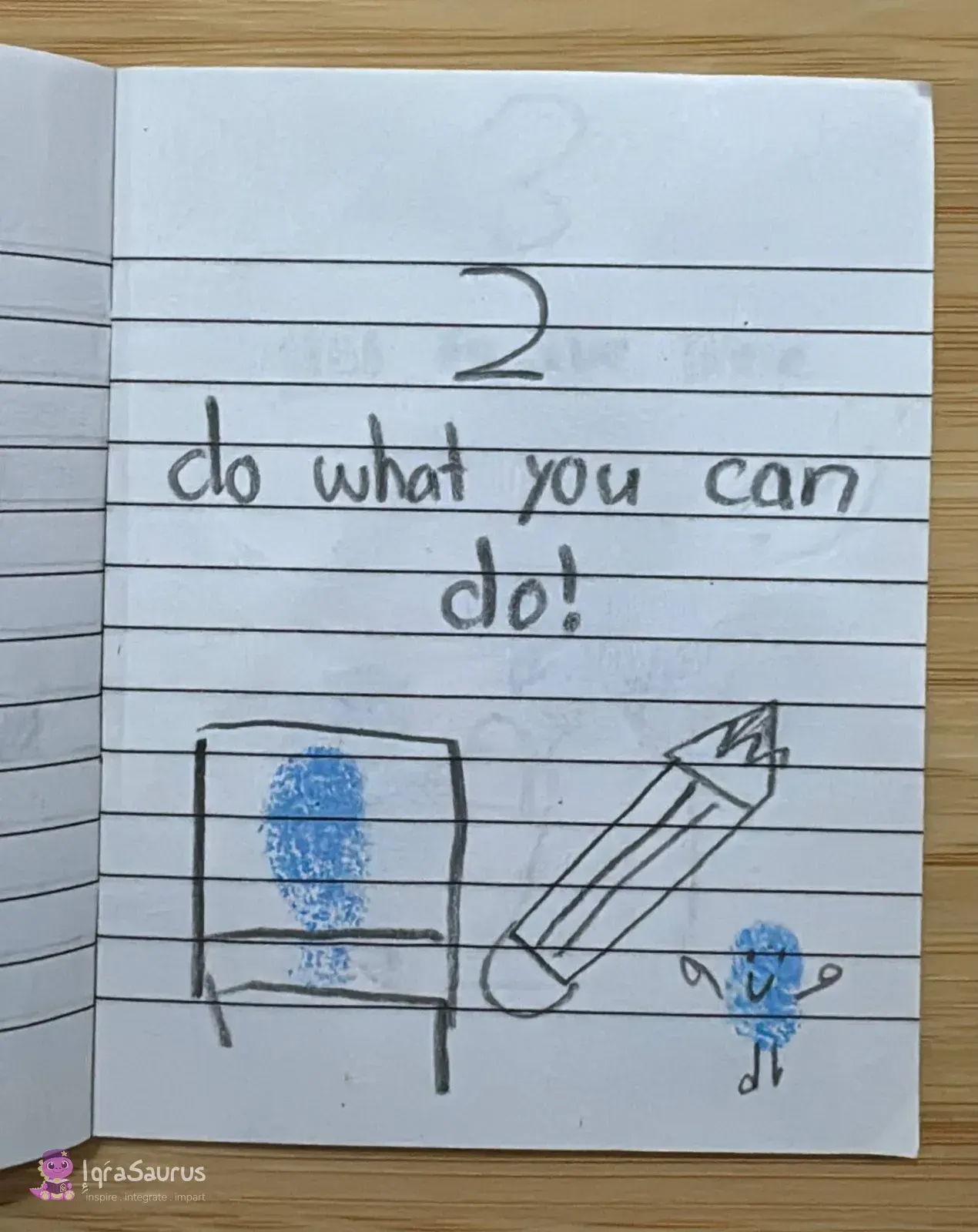 A fingerprint figure at a desk, a big pencil and a small smiling fingerprint friend.