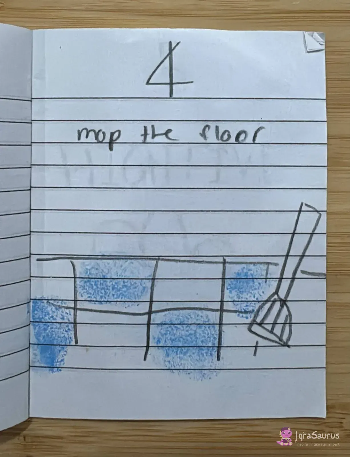 A table with blue fingerprint smudges on the floor and a mop beside it.