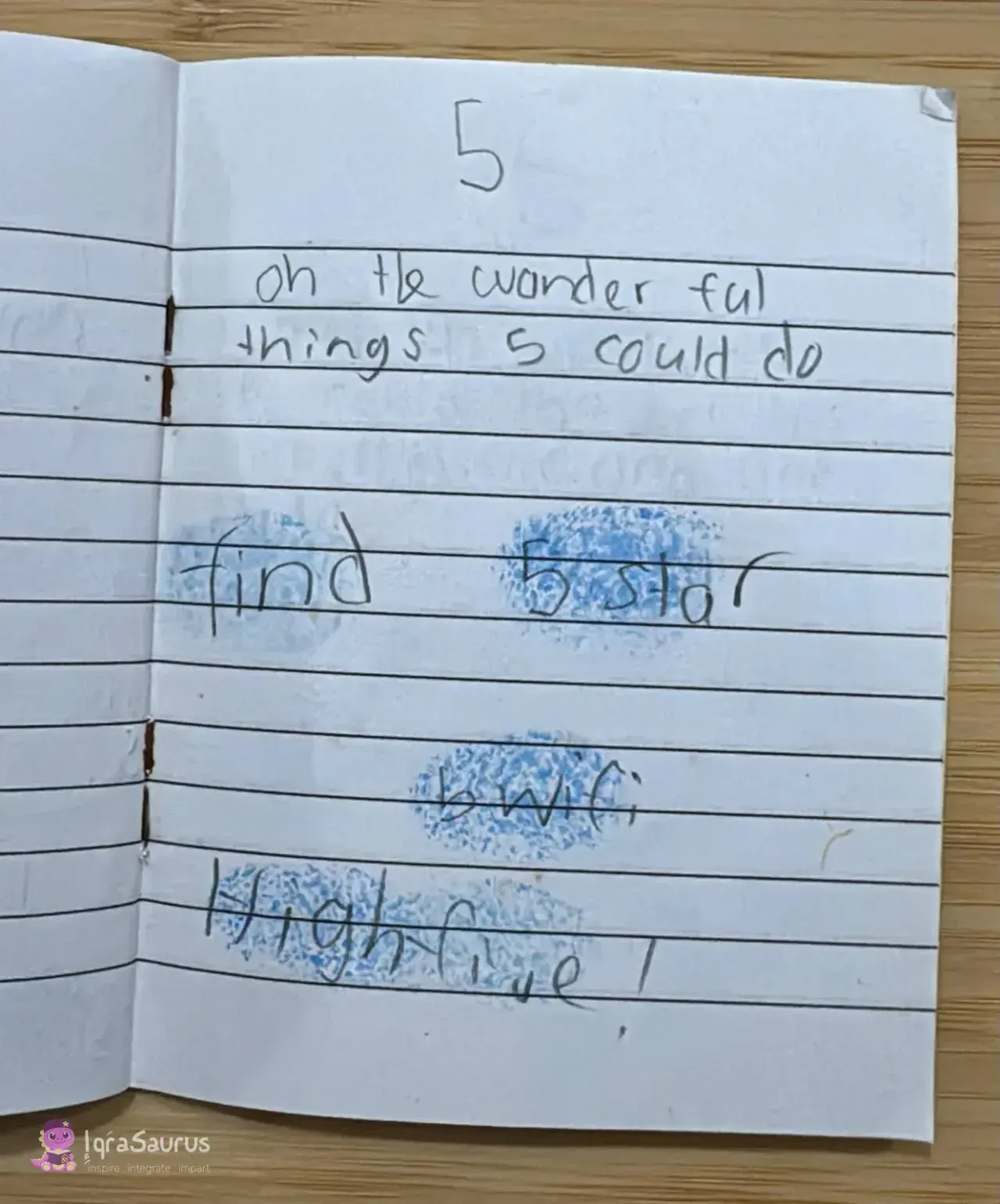 Words written over blue fingerprint smudges.