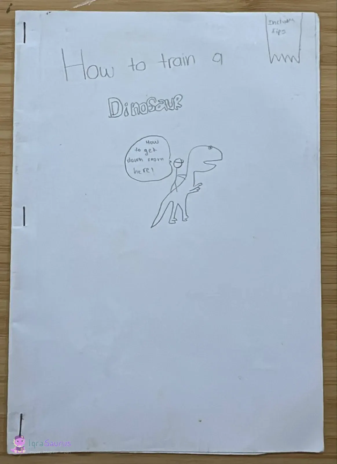 A pencil cover with a person riding a dinosaur and asking how to get down.