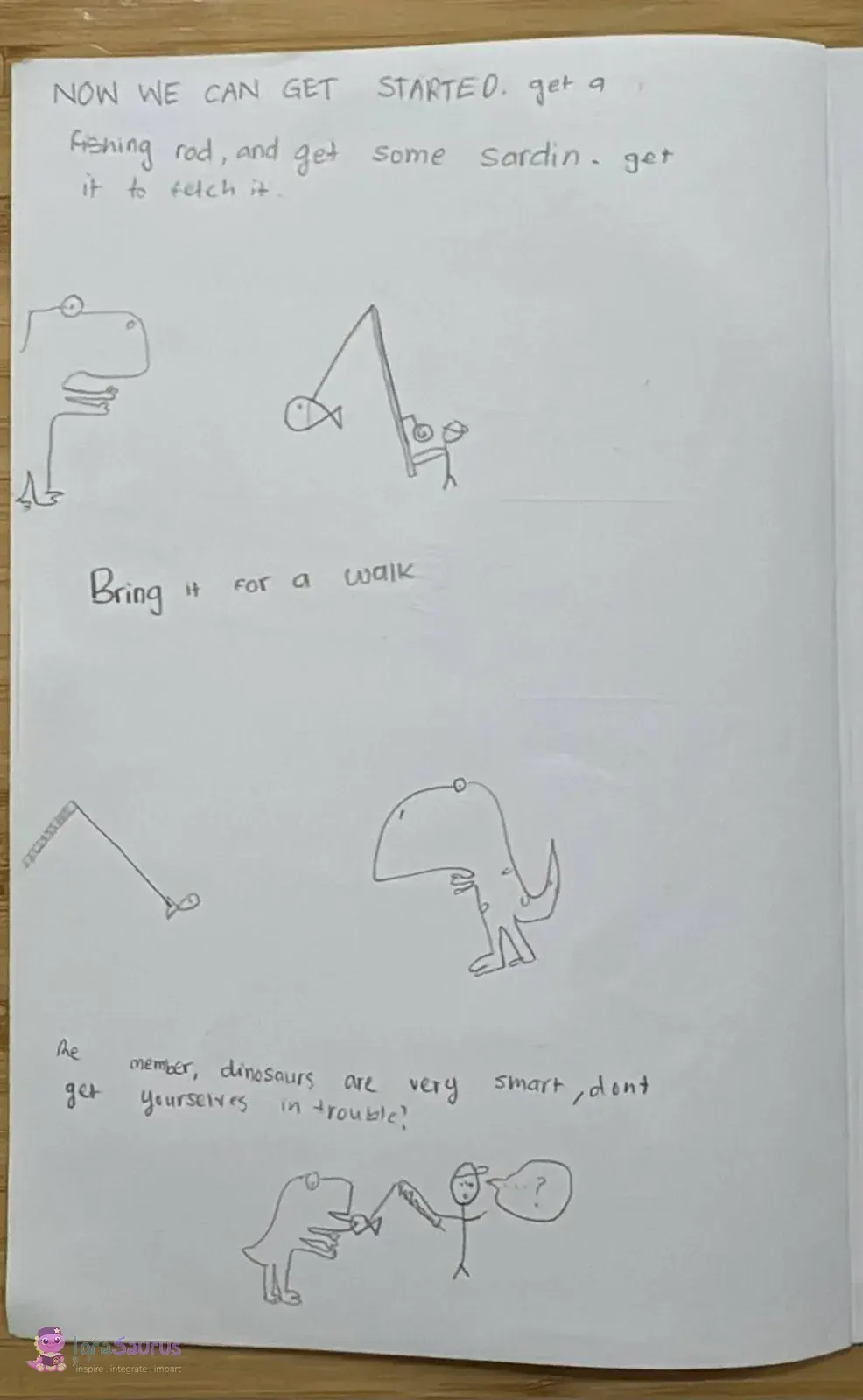 A dinosaur fetching a fish from a fishing rod, going for a walk, and grabbing the rod from a puzzled person.