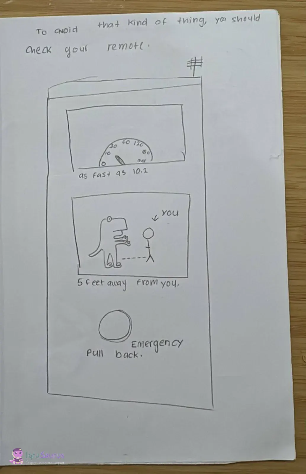 A large remote control with a speedometer, a screen showing the dinosaur and you, and an emergency button.