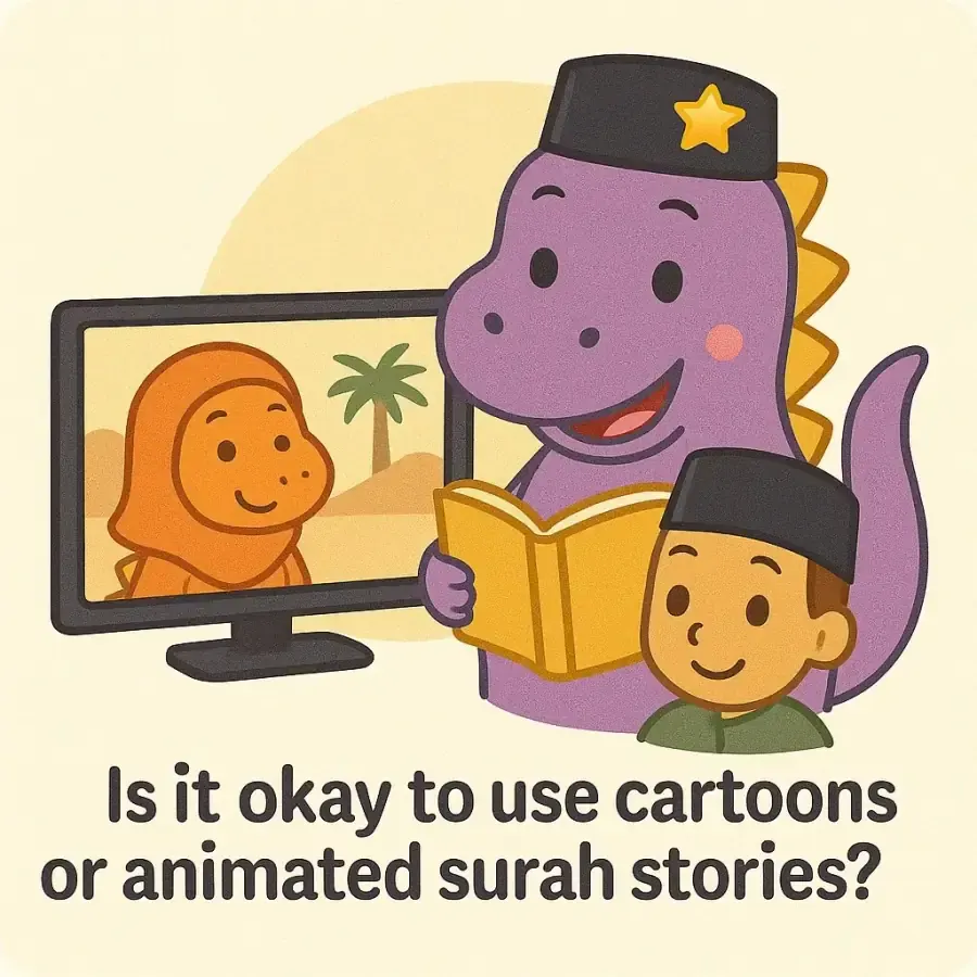 The IqraSaurus dino in a songkok with a book and children, under the question "Is it okay to use cartoons or animated surah stories?"
