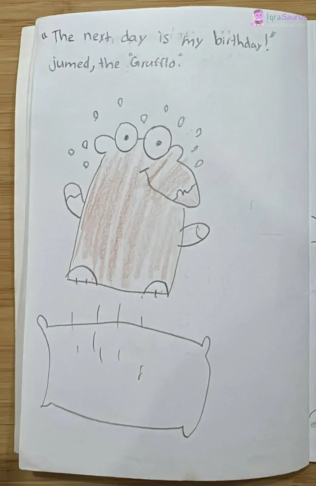 The Gruffalo jumps high above a pillow with excited little marks around its head.
