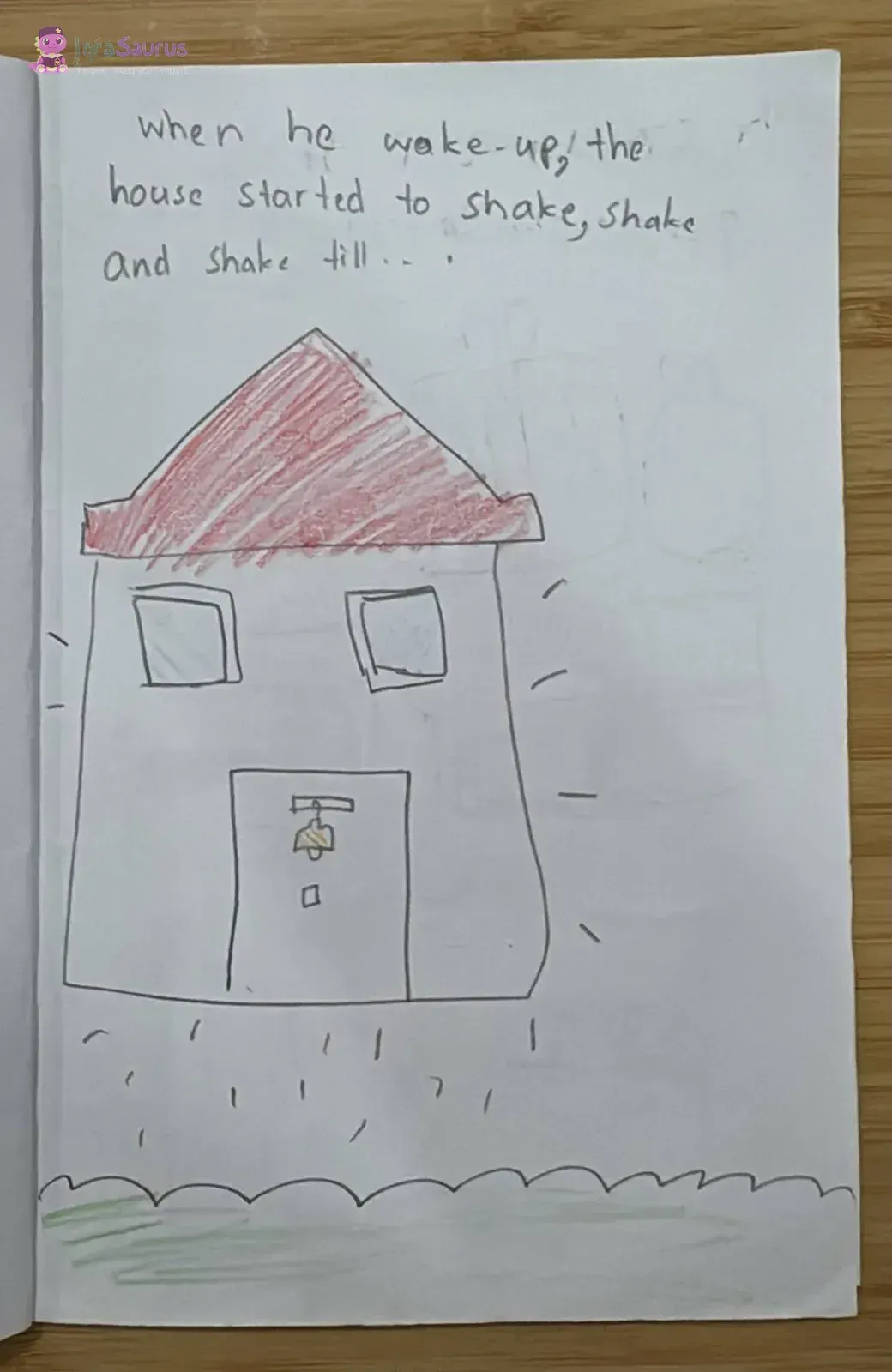 A house with a red roof and a bell on the door shakes, with motion lines all around it.