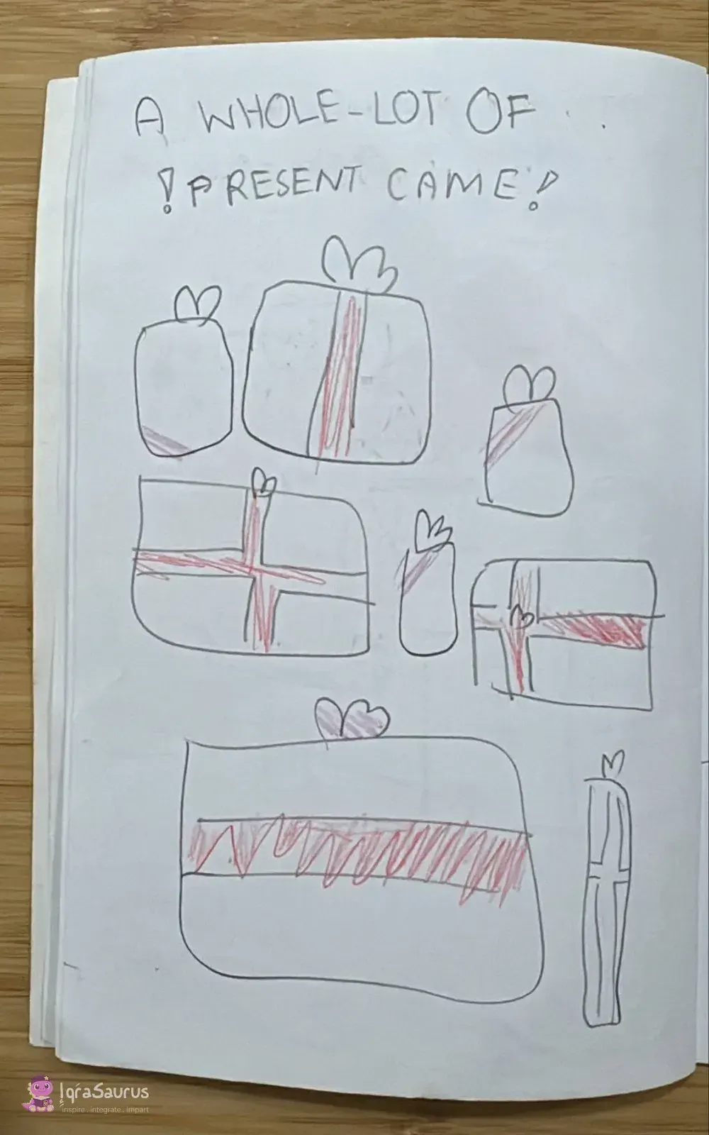 A page full of wrapped presents of different sizes with red ribbons and bows.