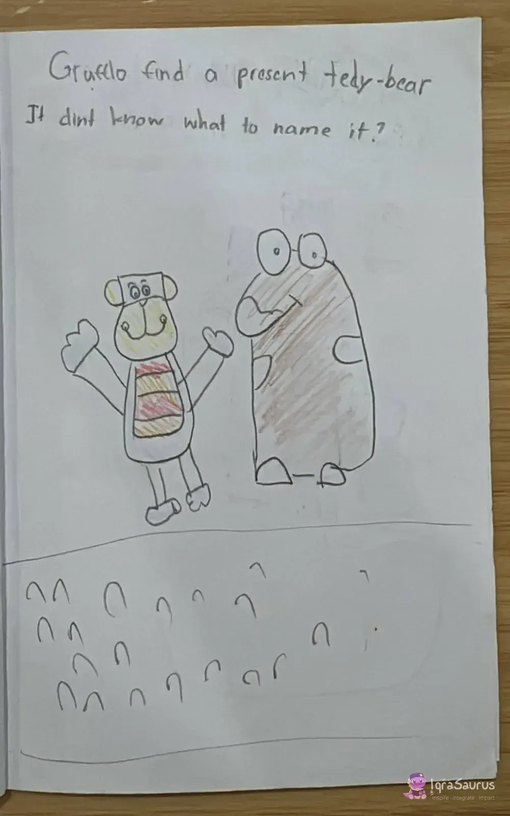 The Gruffalo stands next to a smiling teddy bear with open arms on a grassy field.