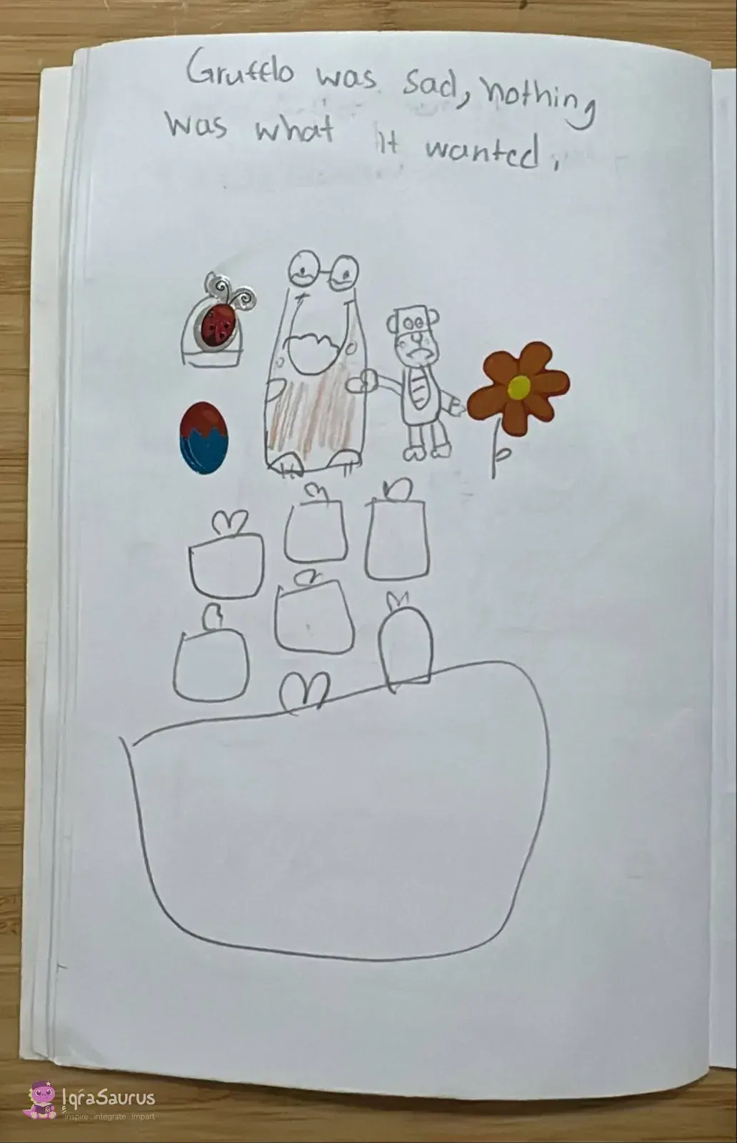 A sad Gruffalo and the teddy bear stand beside stickers of a ladybird, an egg and a flower, above a pile of present boxes.