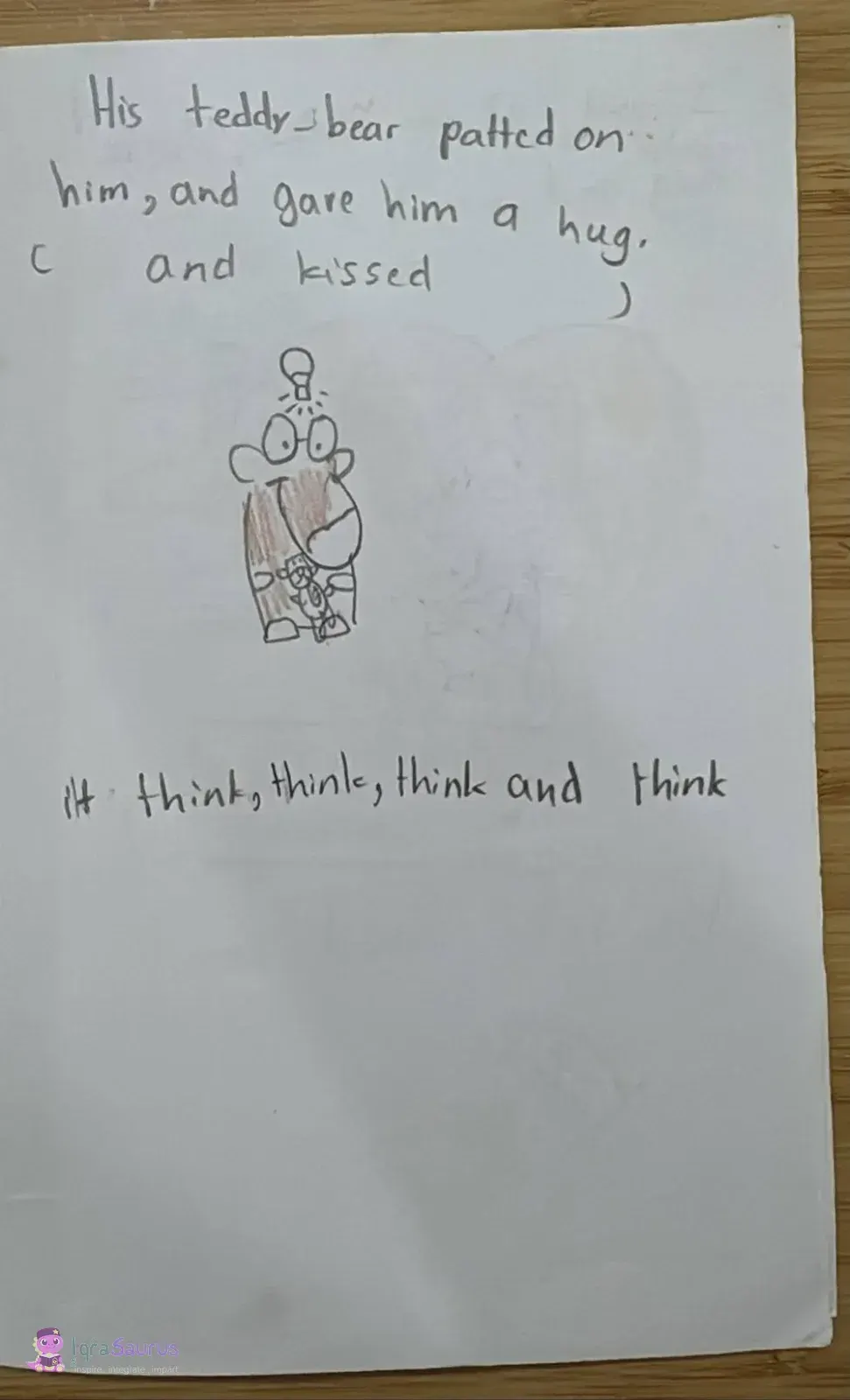 The Gruffalo hugs the small teddy bear, with a light bulb above its head as it thinks.