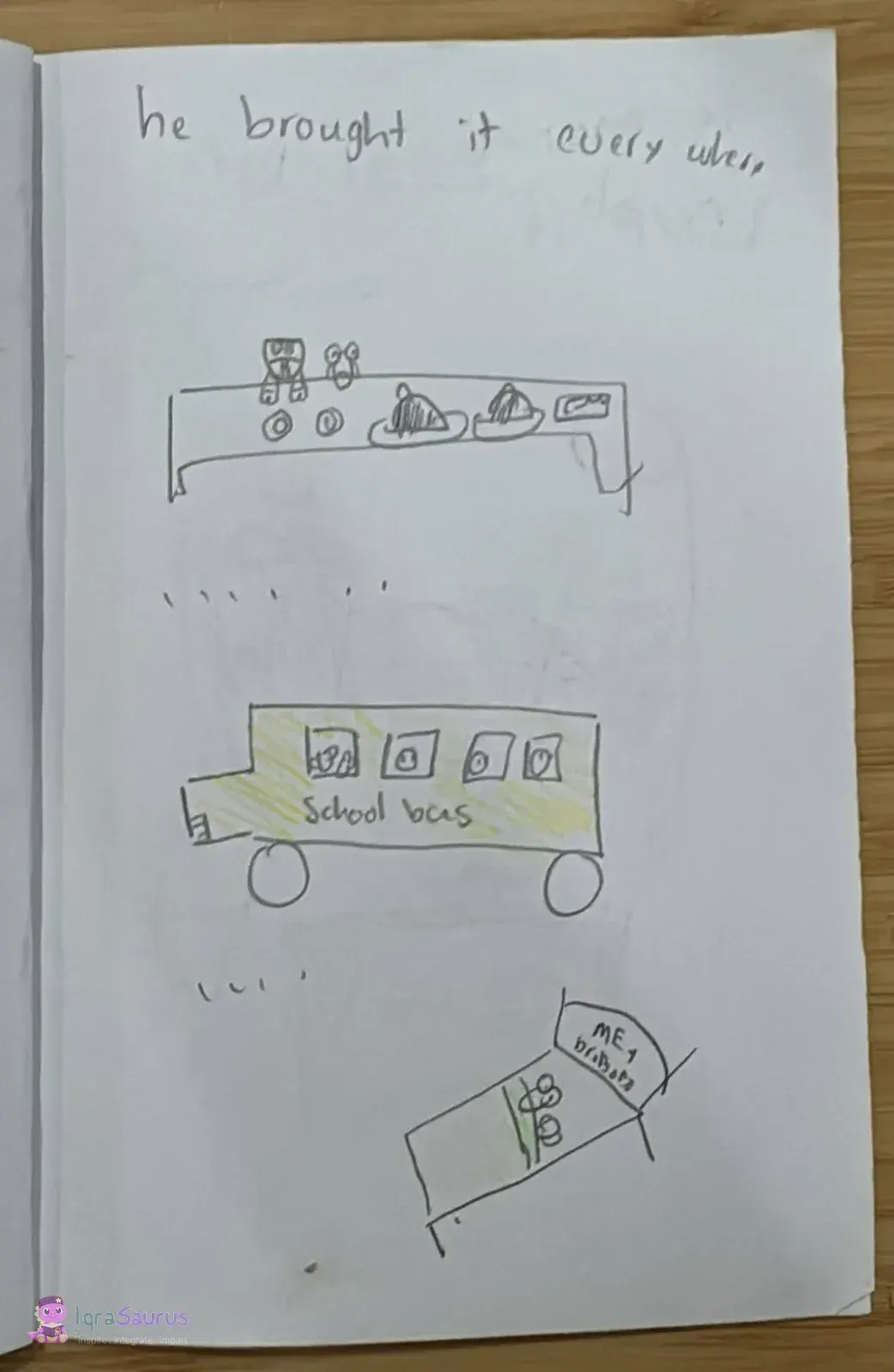 Three small scenes: the bear at a dinner table, riding a yellow school bus, and in bed with a pillow labelled with their names.