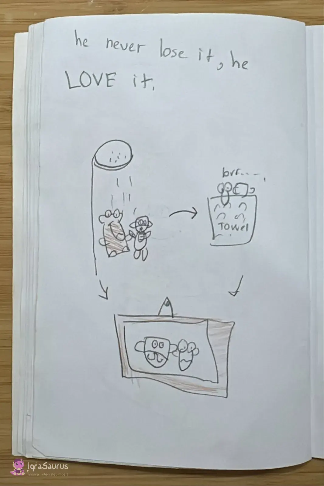 Arrows link three scenes: the Gruffalo and the bear under a shower, the bear wrapped in a towel, and a framed picture of the two.