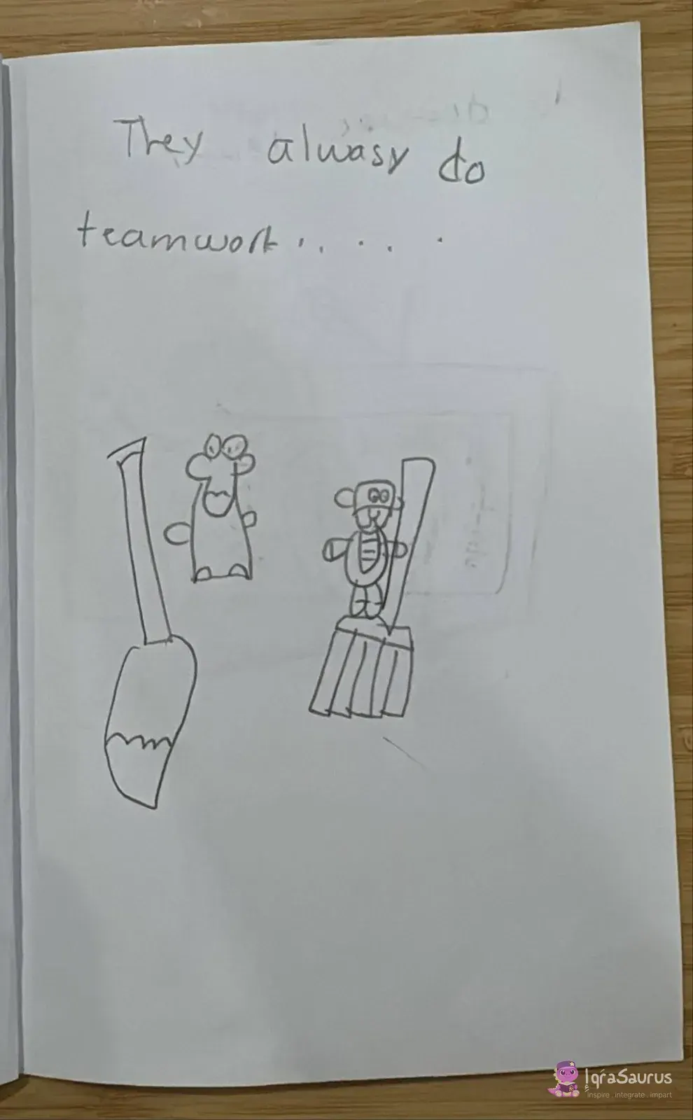 The Gruffalo and the teddy bear tidy up together, one with a mop and one standing on a broom.