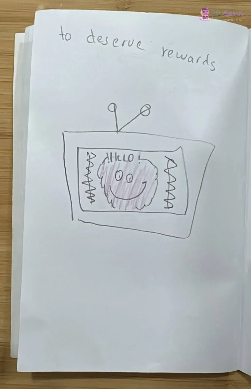 A television shows a smiling purple fluffy character saying hello.