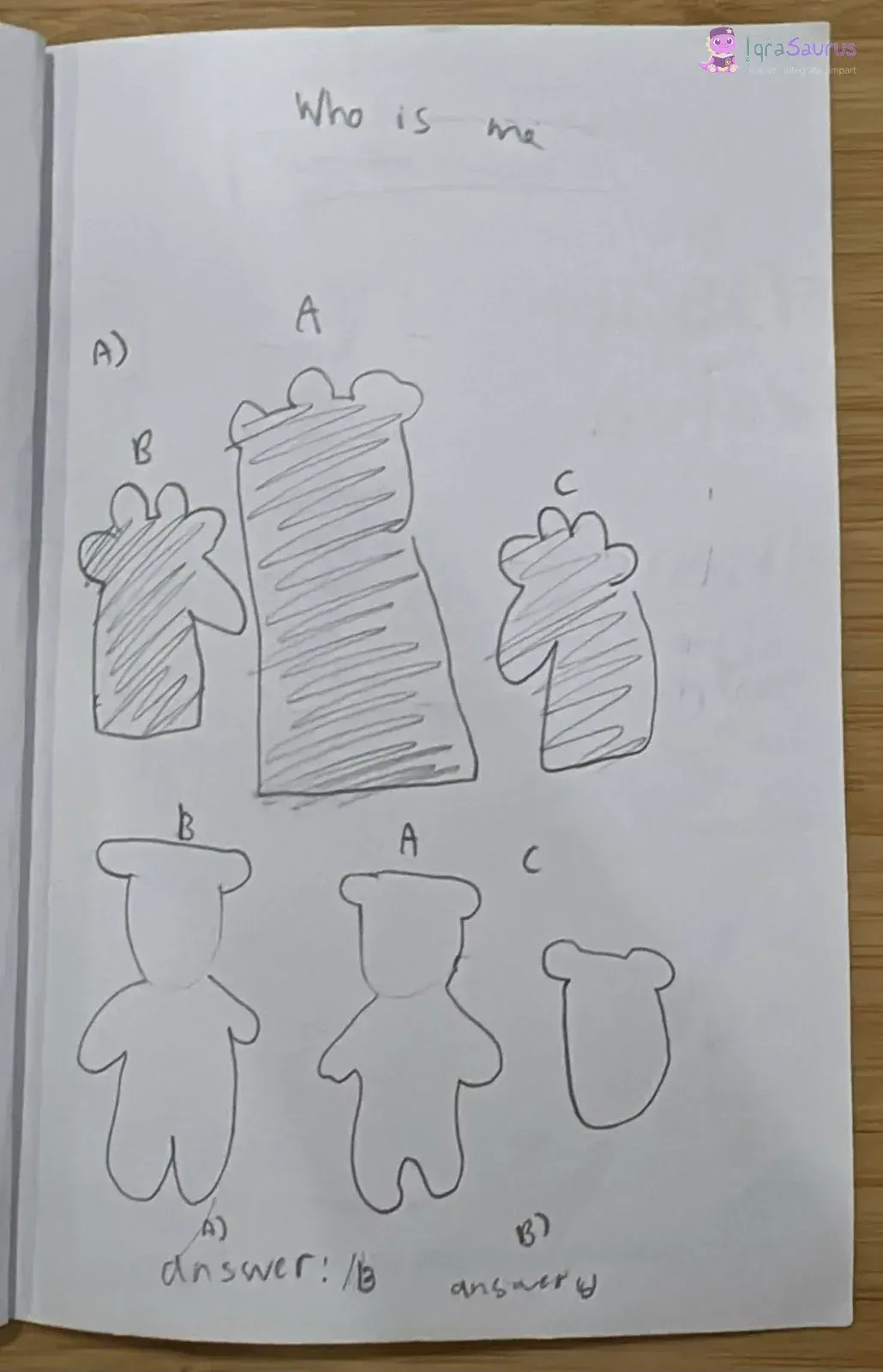A puzzle page of shaded and outlined shapes labelled A, B and C for the reader to match to the characters.