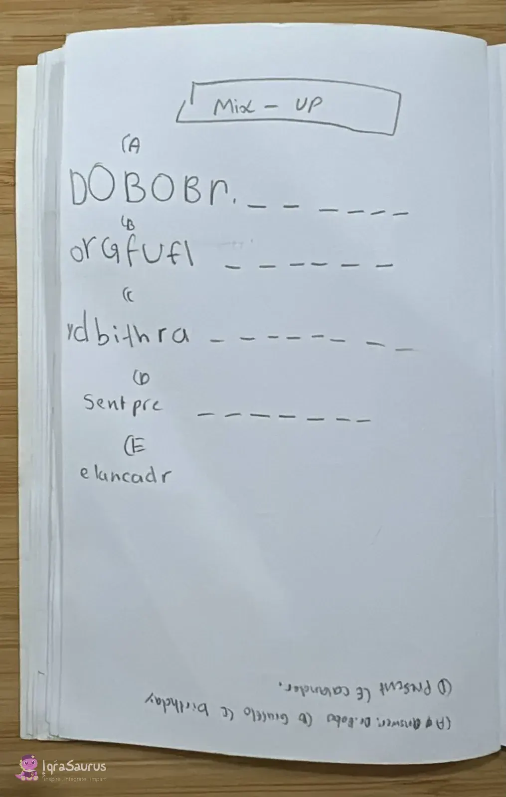 A word scramble puzzle with five jumbled words and blanks, and an upside-down answer key at the bottom.
