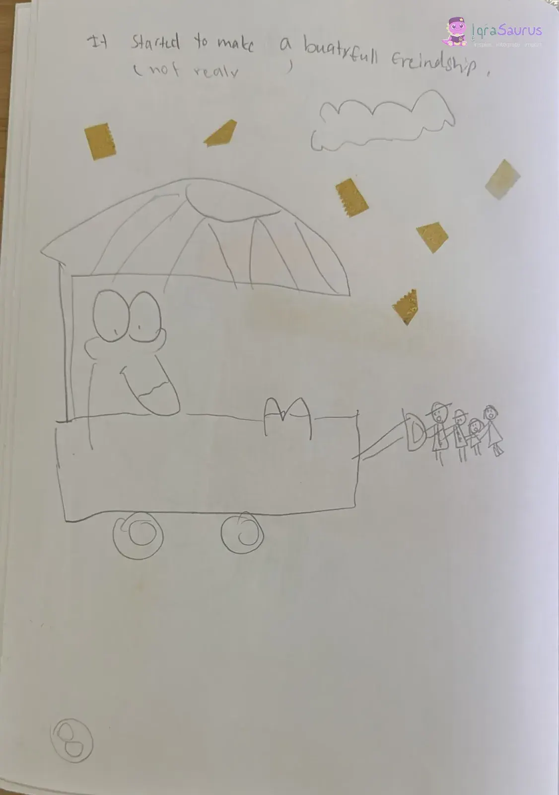 Page 8: the family pulls the Gruffalo along in a cart