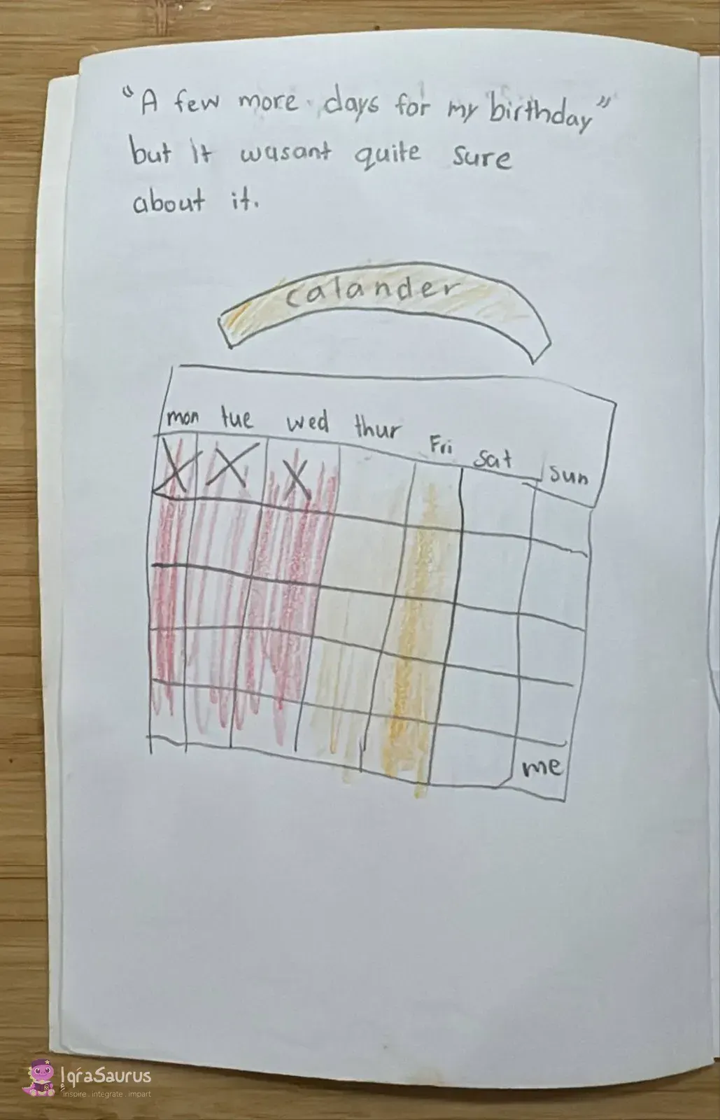 A coloured calendar grid with Monday to Wednesday crossed off and a banner reading calander.