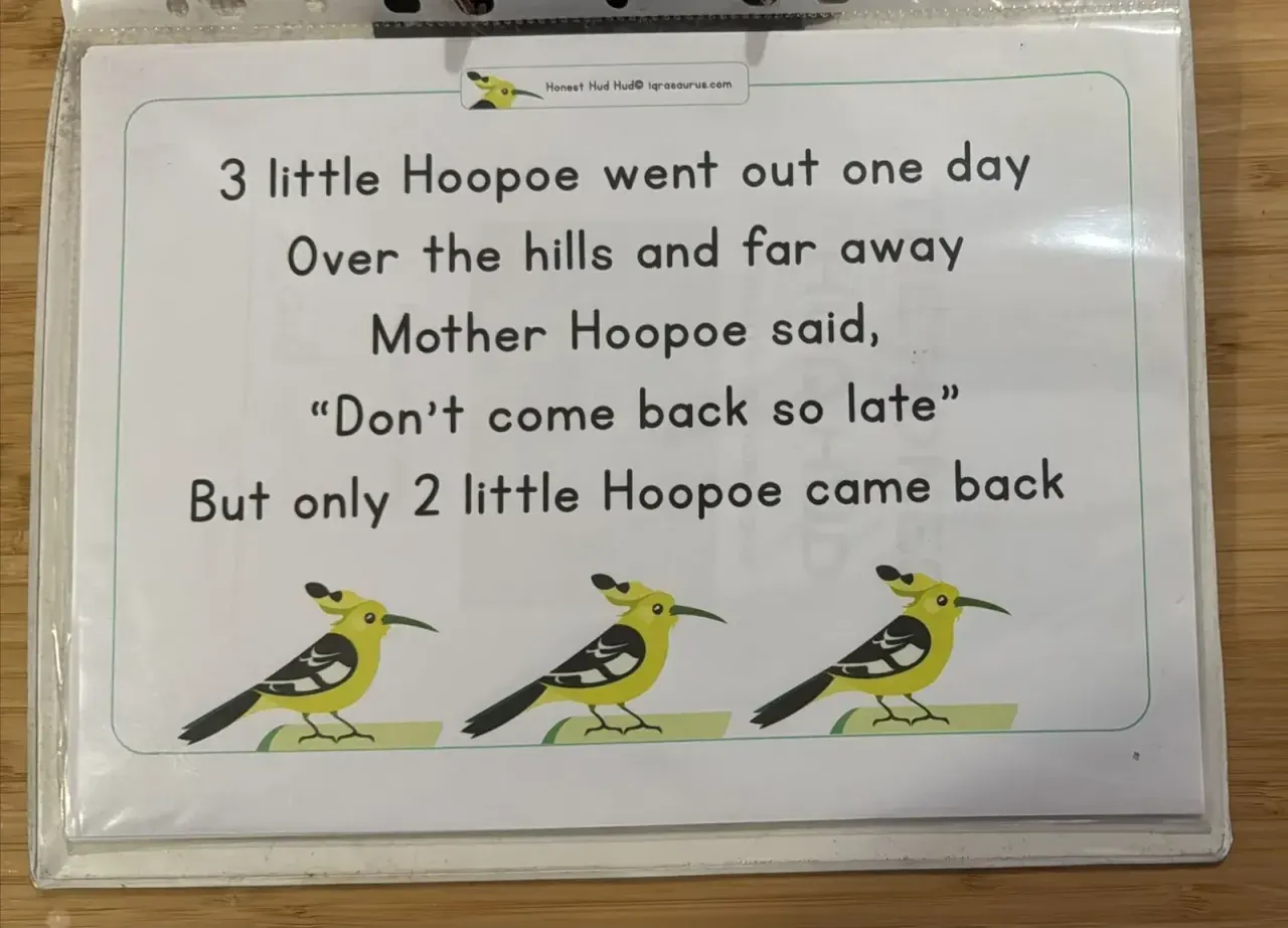 Rhyme card: 3 little Hoopoe went out one day, with three yellow hoopoes