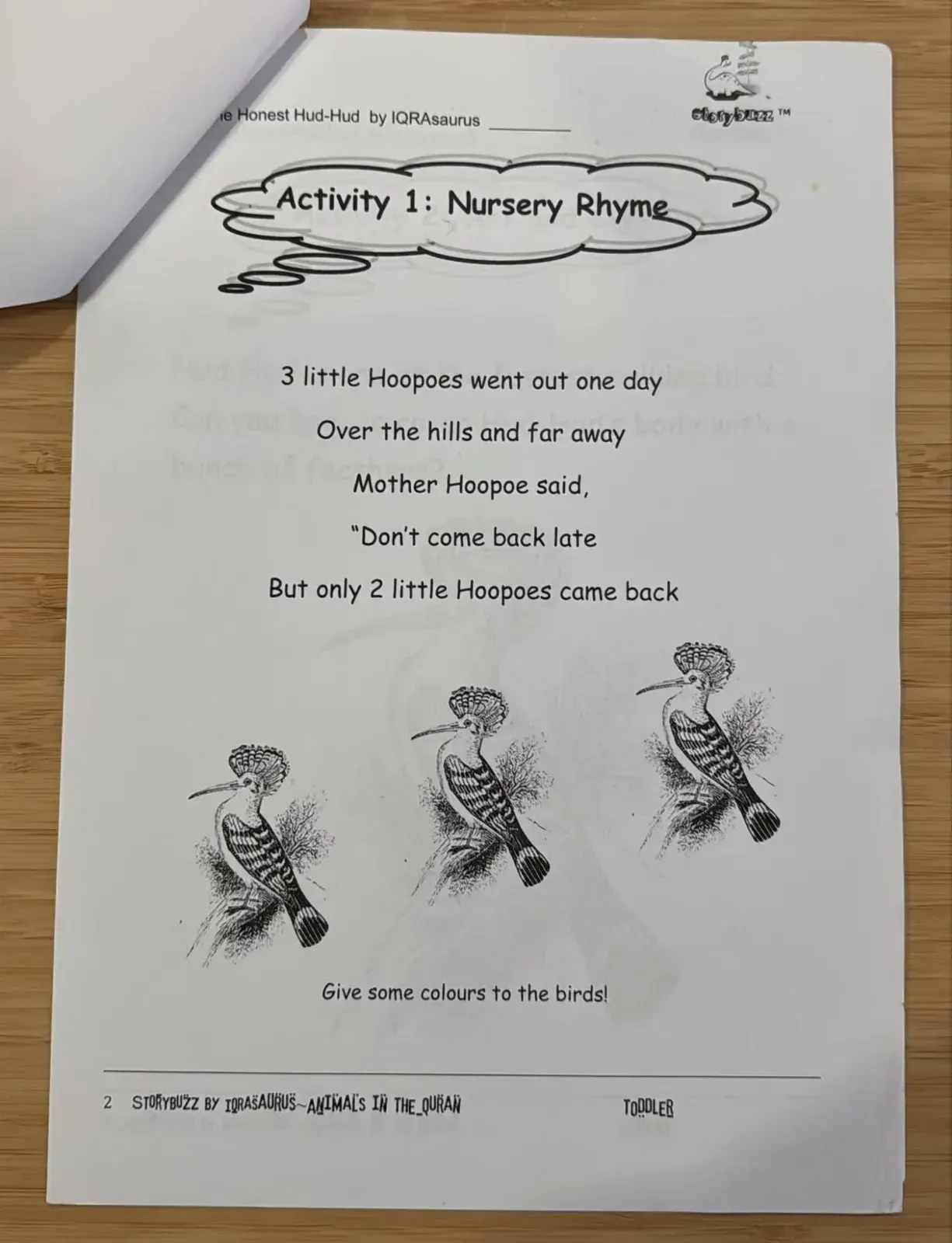 Activity 1: Nursery Rhyme page with three hoopoes to colour