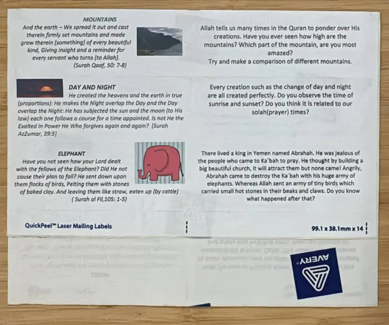 Sheet of printed labels from the Animals and Nature reflection series: mountains, day and night, and the elephant