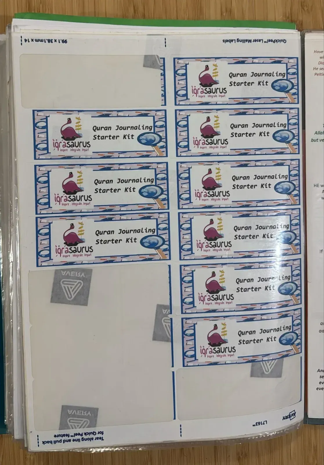 Sheet of Quran Journaling Starter Kit labels with the old IqraSaurus logo